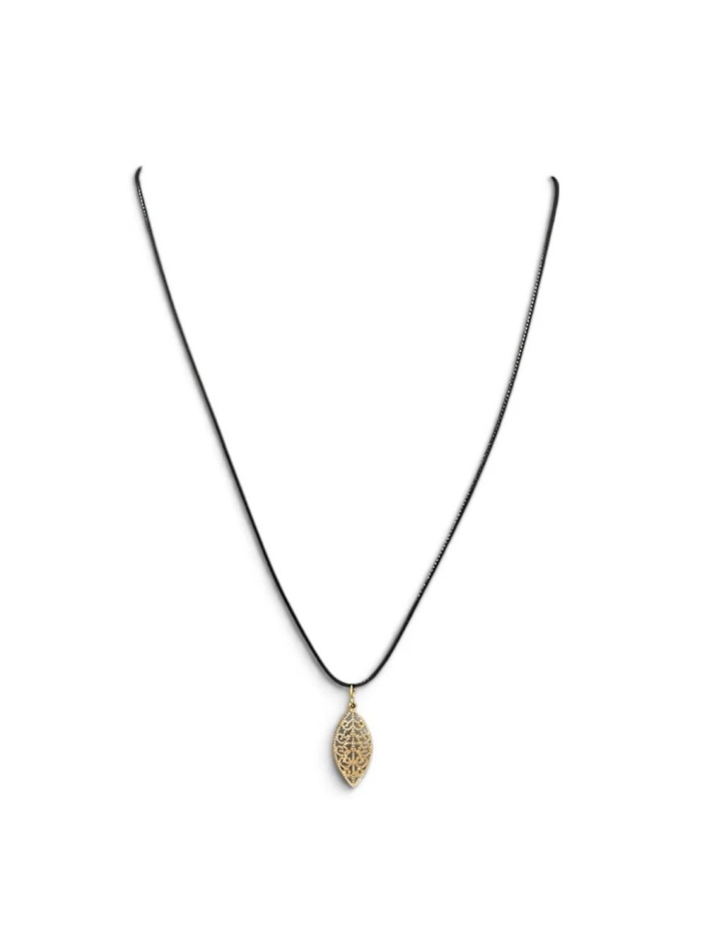 Gold Tone Fall Filigree Leaf Pendant Black Cord Necklace Marquise Openwork Boho